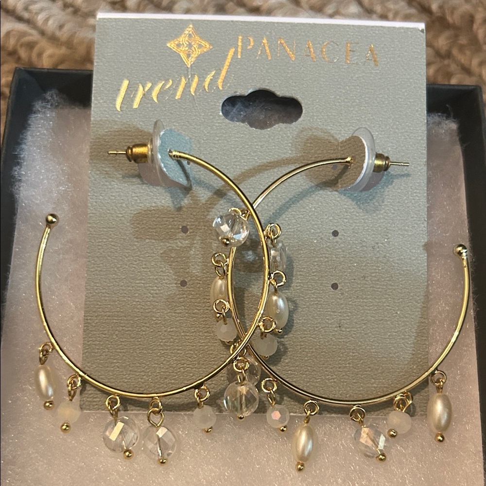 Panacea Gold Hoop Earrings with Crystal Accents NIB